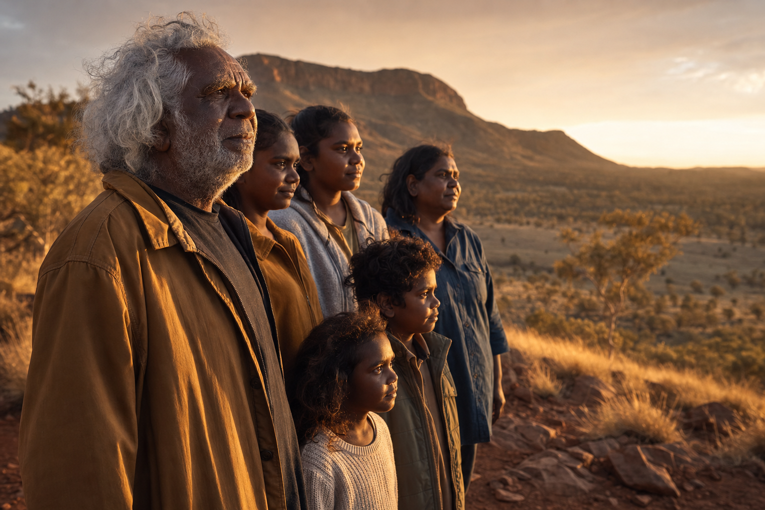 First Nations family standing together on Country at sunrise
